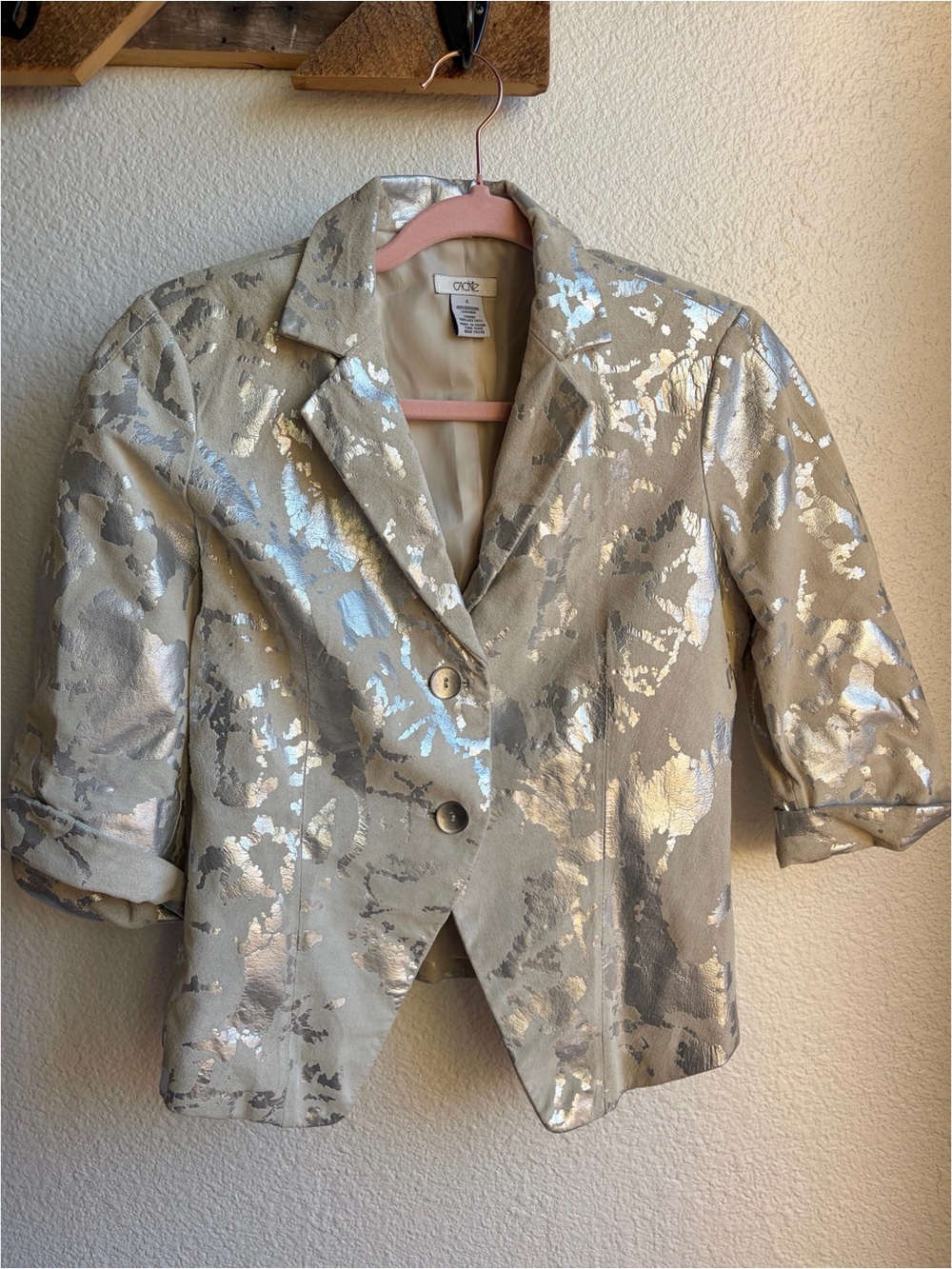Y2K Cream Leather Blazer with Silver Foil size 4